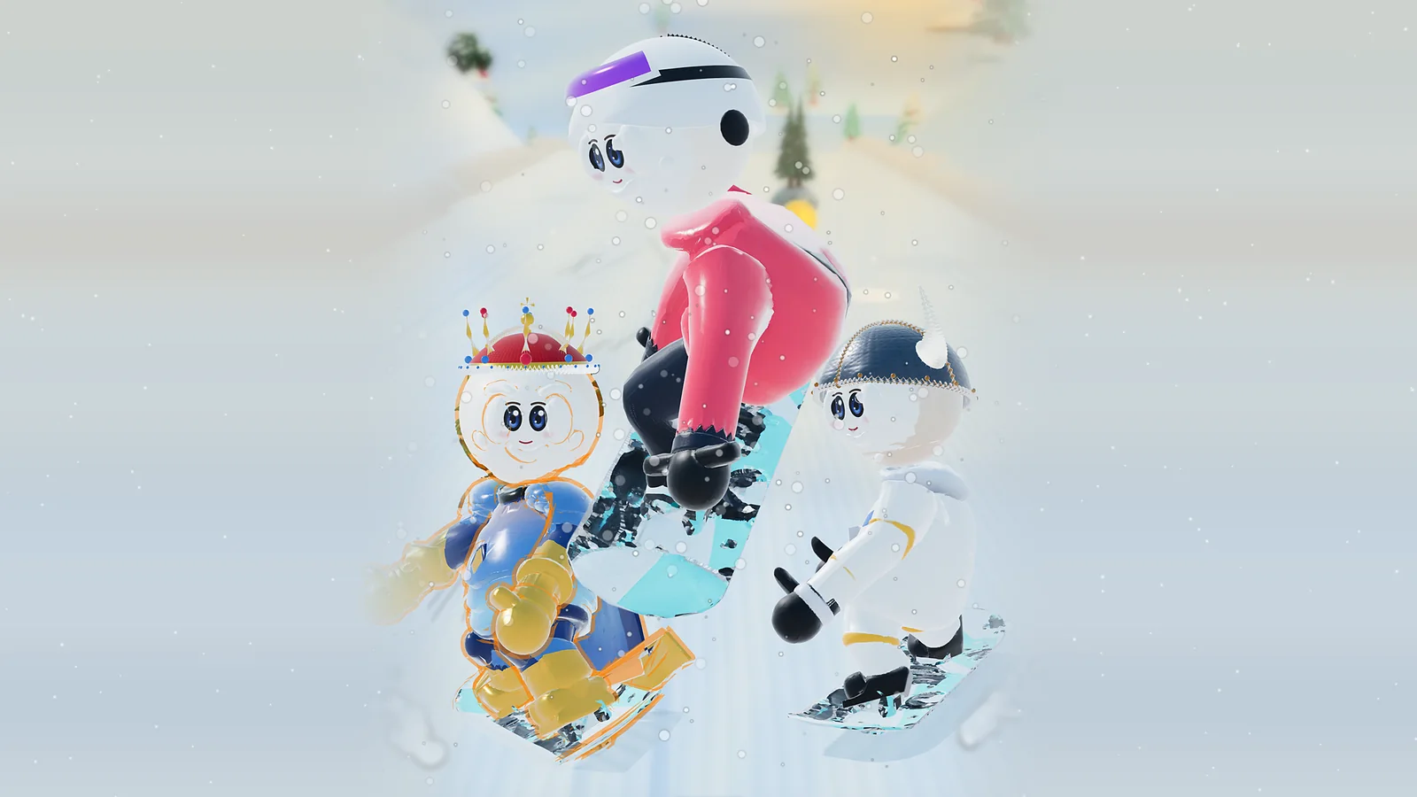 O Rifty e dois amigos descendo a montanha de snowboard.