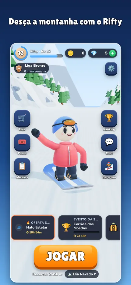 Tela inicial do Boardrift: o Rifty na neve, com a lebre ao lado e o botão Jogar.