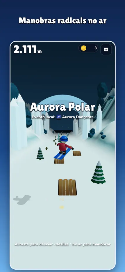 Corrida no bioma Aurora Polar: o Rifty salta entre rampas de madeira com pilares de gelo ao fundo.